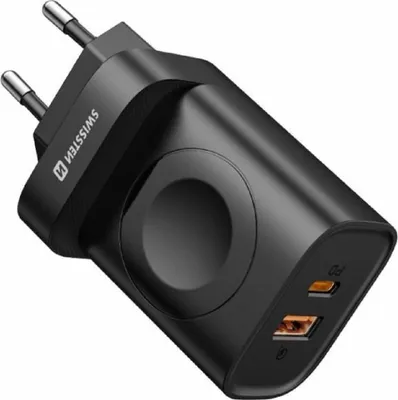 A black USB power adapter with two USB ports and a magnetic charging module for an Apple Watch.