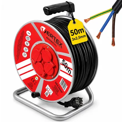 Zdjęcie produktu dla Przedłużacz bębnowy 50m 3x2,5 IP44 metalowy MOCNY na budowę 4 gniazda z uziemieniem VERTEX