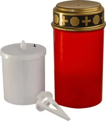 A red LED grave light with a gold decorative band and a white LED candle insert are shown against a white background. A white plastic stake is also visible.