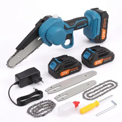 Productafbeelding van Mini kettingzaag accu 6 inch – eenhandige snoeizaag 21V met 2 accu's en oplader, zwaarden 6 en 4 inch, automatische kettingsmering, met koffer, AI-gegenereerde afbeelding