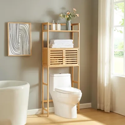 Zdjęcie produktu dla Szafka pod umywalkę - Wolnostojąca szafka łazienkowa z półkami - Organizacja łazienki - Naturalny bambus - 158x60x26 cm - Naturalny kolor