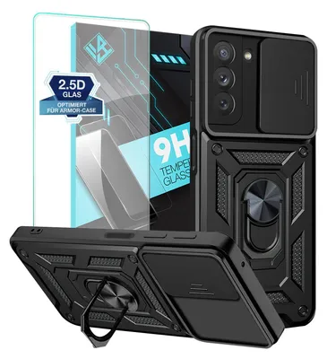 A black protective phone case with a built-in ring stand and a sliding camera cover, shown alongside a screen protector. The product is presented against a white background with some graphic elements and text overlays.