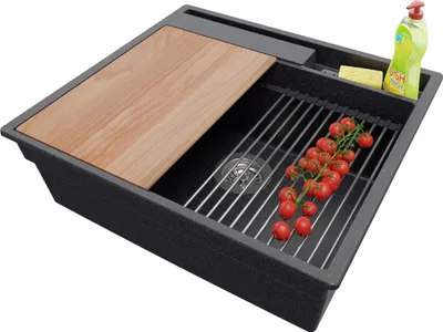 Produktbild von PRIMAGRAN Spülbecken Anthrazit 58x53cm, Granitspüle 1 Becken + Ablauf-Set + Küchenzubehörset, Küchenspüle ab 60er Unterschrank - Oslo Pocket