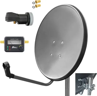 Produktbild von ARLI 60cm HD SAT Anlage grau + Single LNB + Satfinder + 2x F-Stecker vergoldet