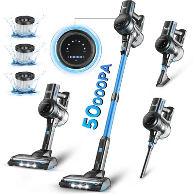 A collage of images showcasing a cordless vacuum cleaner and its accessories, along with marketing text highlighting its features.