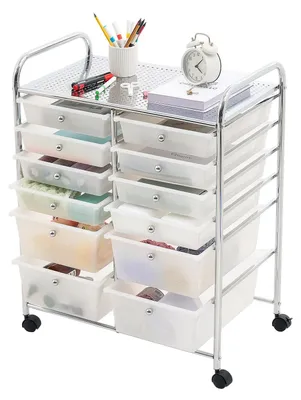 Zdjęcie produktu dla Wózek na kółkach VEVOR z 12 szufladami, mobilny wózek z podwójną szufladą, wymiary 635x395x815 mm, metalowa konstrukcja, powierzchnia do przechowywania, uchwyty, kółka z dwoma hamulcami, mobilny wózek na szuflady do biura, warsztatu, sali lekcyjnej