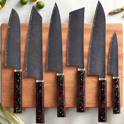 Produktbild von Set Damast Küchenmesser ST-39191 – 6-teiliges Messerset in Schwarz-Rot KP39191