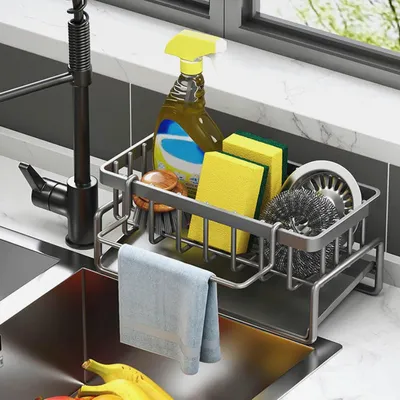 Produktbild von Schwammhalter Spülbecken Organizer, Spülorganizer mit Spültuchhalter und Haken, Utensilienhalter Küche für Badezimmer, Schwarz