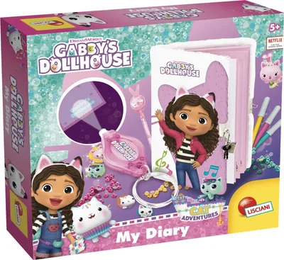 The image shows the packaging of a Gabby's Dollhouse 'My Diary' set, featuring characters from the show and various accessories.