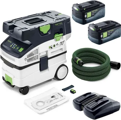 A collection of Festool brand power tools and accessories, including a vacuum cleaner, batteries, a hose, and a dust bag, arranged on a white background.