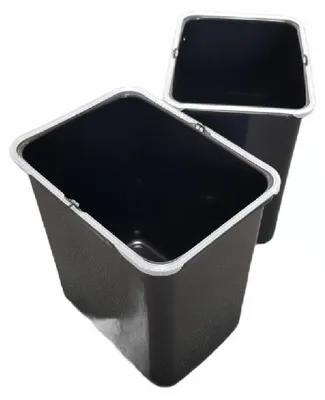 Two black trash cans with white rims are shown against a white background.