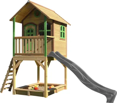 Produktbild von AXI Spielhaus Sarah mit Sandkasten & grauer Rutsche | Stelzenhaus in Braun & Grün aus Holz für Kinder | Spielturm mit Wellenrutsche für den Garten