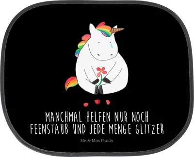 Produktbild von Mr. & Mrs. Panda Sonnenschutz für Autoscheiben Einhorn Traurig - Schwarz - Geschenk, Fürs Auto, Einhörner, Autosonnenschutz, saugnapf, Trauer, Blume, Liebe, Sonnenblende