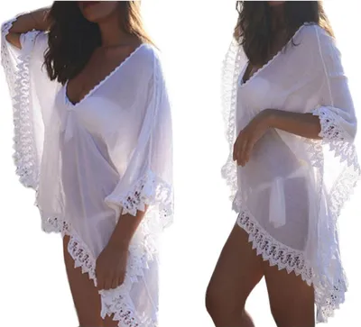 Produktbild von Pareo - Strandtunika bis zum Knie - Sommerkleid mit Fransen - Boho-Stil - asymmetrisch - Strandjacke - Weiß - Einheitsgröße