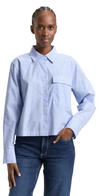 Produktbild von TOM TAILOR Denim Damen Bluse aus Baumwolle im Boxy Fit mit leicht verkürzter Länge