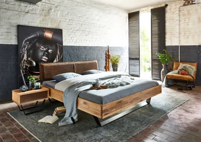 Produktbild von Bett Lemvig 140x200 cm Wildeiche Polsterkopfteil Braun Metallkufen