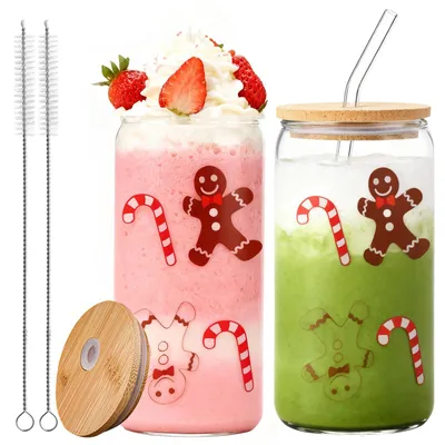 Weihnachtsgläser 500 ml mit Lebkuchenmann, Deckel & Strohhalm