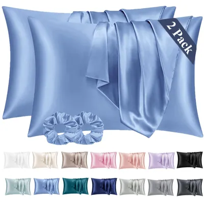 Produktbild von Set mit 2 Satin-Kissenbezügen, 40 x 80 cm, blau, seidenweich und pflegeleichter als Seidenkissenbezüge. Inklusive 2 Haargummis.