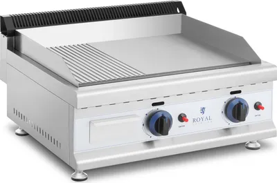 Obrázek produktu pro ROYAL Catering Dvojitý plynový gril - 60 x 40 cm - hladký/vroubkovaný - 2 x 3 100 W - propan/butan - 20 mbar
