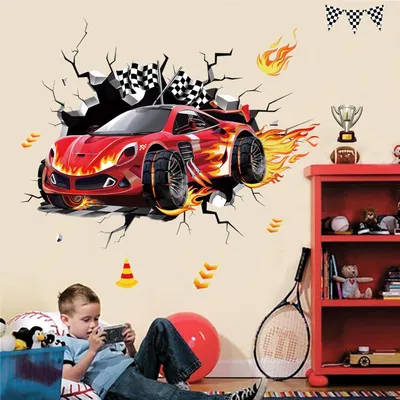 Produktbild von 3D Wandsticker Rennwagen und Flaggen für Kinderzimmer