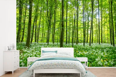 Produktbild von MuchoWow® Fototapete für Wohnzimmer oder Schlafzimmer Wandtapete Vinyl Motivtapete Wald - Bäume - Grün - 390x260 cm - Papiertapete