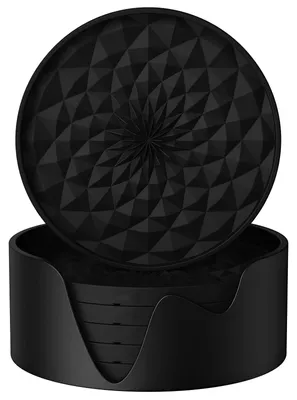 Image de Sous-verres en silicone pour boissons - Lot de 6 avec support - Protection antidérapante pour les surfaces de table - Noir