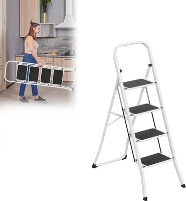 Image de ACXIN Escabeau pliable 4 marches - Escabeau de ménage en acier, marchepieds antidérapants, verrouillage de sécurité, charge admissible 150 kg, escabeau pliable pour cuisine, atelier, bureau, blanc-noir