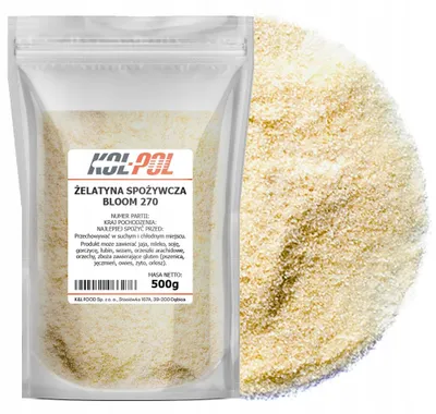Zdjęcie produktu dla ŻELATYNA SPOŻYWCZA 270 BLOOM 500g Naturalna mocna wysoka jakość Kol-Pol