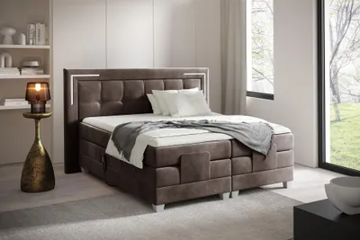 Produktbild von MEBLINI Boxspringbett Elektrisch Verstellbar mit LED - Gepolstert Doppelbett mit Matratzen und Toppers - Polsterbett - Bett mit Kopfteil - TARENTE - 140x200 - H3/Braun Samt