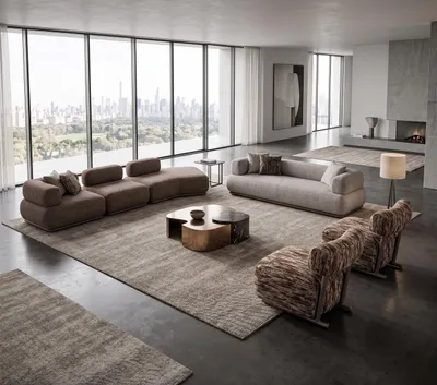 Immagine prodotto di Divano modulare moderno beige, modello ad angolo, con due poltrone, rivestito in tessuto