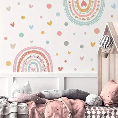 Produktbild von Regenbogen-Blumen & Herz-Punkte Wandaufkleber – 1 Set/2 Bögen abnehmbare selbstklebende PVC Wandsticker für Wohnzimmer, Schlafzimmer und Heimdekoratio