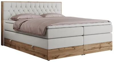 Produktbild von MKS MEBLE King Boxspringbett 180x200 mit Bettkasten Eiche, Polsterbett 180x200 mit Matratze H4, Bett 180x200 mit Kopfteil, Bett mit Holzrahmen in Wotan Eiche - Weiß Kunstleder - Amore King