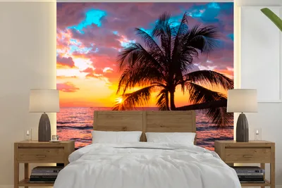 Produktbild von MuchoWow® Fototapete für Wohnzimmer oder Schlafzimmer Wandtapete Vinyl Motivtapete Palme - Sonnenuntergang - Strand - Meer - Horizont - 350x350 cm - Schlafzimmertapete