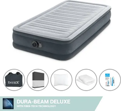 Obrázok produktu pre Intex nafukovacia posteľ - pre 1 osobu - 99 x 191 x 33 cm - sivá - so zabudovanou pumpou + čierne prestieradlo + vankúš + obliečky Molton 2 v 1 + opravná súprava