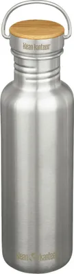 A stainless steel water bottle with a bamboo lid.