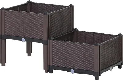 Produktbild von Outsunny Hochbeet, 2-teiliger Pflanzkasten mit Abflusslöchern, Blumenkasten im Rattan-Look, PP, Braun, 40 x 40 x 44 cm