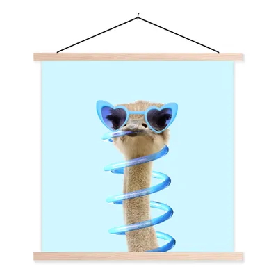 Produktbild von MuchoWow® Textilposter Strauß - Sonnenbrille - Blau - Tiere 120x120 cm mit holzfarbenen Rahmen - Textil-Poster