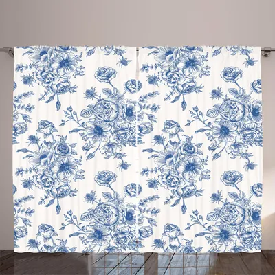 Zdjęcie produktu dla ARANDE Windröschen Gardina, wzór kwiatowy z bukietem niebieskich kwiatów w delikatnym stylu wiktoriańskim, 280 x 175 cm, granatowo-biała