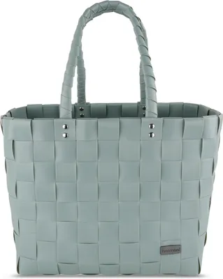 A light blue woven shopping basket with two handles, presented against a white background.