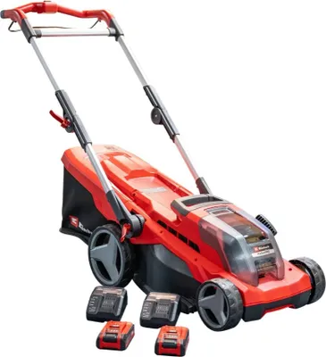 A red and black electric lawnmower with batteries in front, isolated on a white background.