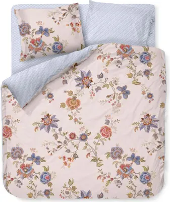 A top-down view of a floral bedding set, including a duvet cover and a pillowcase, laid out on a white surface.