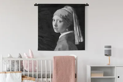Produktbild von MuchoWow® Wandteppich Wandbehang Das Mädchen mit dem Perlenohrring - Gemälde von Johannes Vermeer - schwarz und weiß 90x90 cm Tapisserie Dekoration Wandtuch - Wandaufhänger