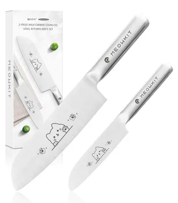 Obrázek produktu pro Sada dvou kuchyňských nožů: nůž Santoku a zeleninový nůž, motiv koček, nerezová ocel X50Cr15MoV, ergonomické rukojeti