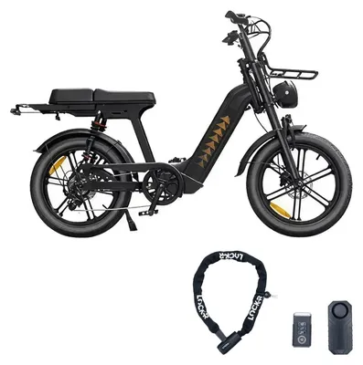 Zdjęcie produktu dla V20 D50 - Elektryczny fatbike - Zestaw z zapięciem łańcuchowym i alarmem rowerowym - 20 cali - Silnik 250W - Zasięg 60 km - 7 biegów - Hydrauliczne hamulce tarczowe - Akumulator 720Wh - Czarny