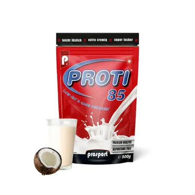 Produktbild von Prosport Proti® 85 Proteinpulver 500g, Cocos-Exotic – 4-Komponenten-Protein mit Whey Konzentrat-Isolat-Mix, Casein & Eialbumin – Mit 10 Vitaminen, BCAAs & EAAs – Extra cremiger Eiweißshake für Muskelaufbau