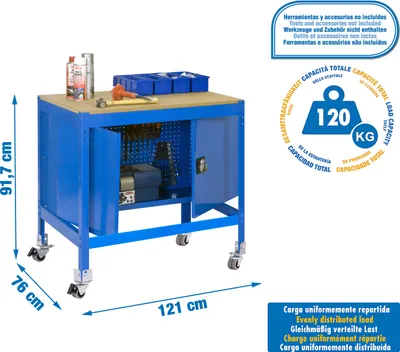 Produktbild von Metallarbeitstisch und Montage ohne Parafuses SIMONWORK MOBILE BT0 CABINET 1200 BLAU/HOLZ