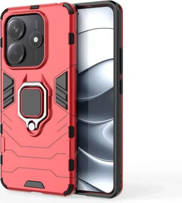 A red phone case with a ring holder is shown on a white background.