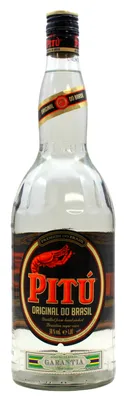 A bottle of Pitu Cachaca on a white background.