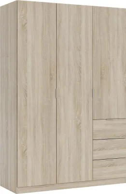 Produktbild von Garderobe Fullerton, Schlafzimmerschrank mit 3 Türen und 3 Schubladen, Schrank mit 3 Einlegeböden und Kleiderstange, 135x52h200 cm, Eiche