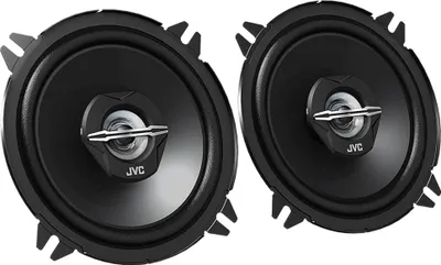 Two car speakers shown from a slightly elevated front-facing angle against a white background.